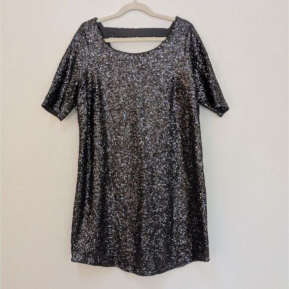 Torrid Sequin Shift Dress Charcoal Gray V-Neck Back Lined Size 1 (14/16) NWT - Picture 3 of 8